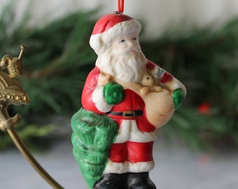 Christmas Santa Claus Porcelain Ornament Holding Tree