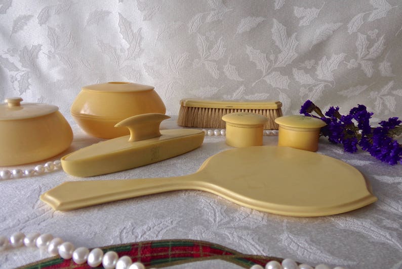 Celluloid Vanity Set Hand Mirror Hair Receiver Powder Jar Etsy