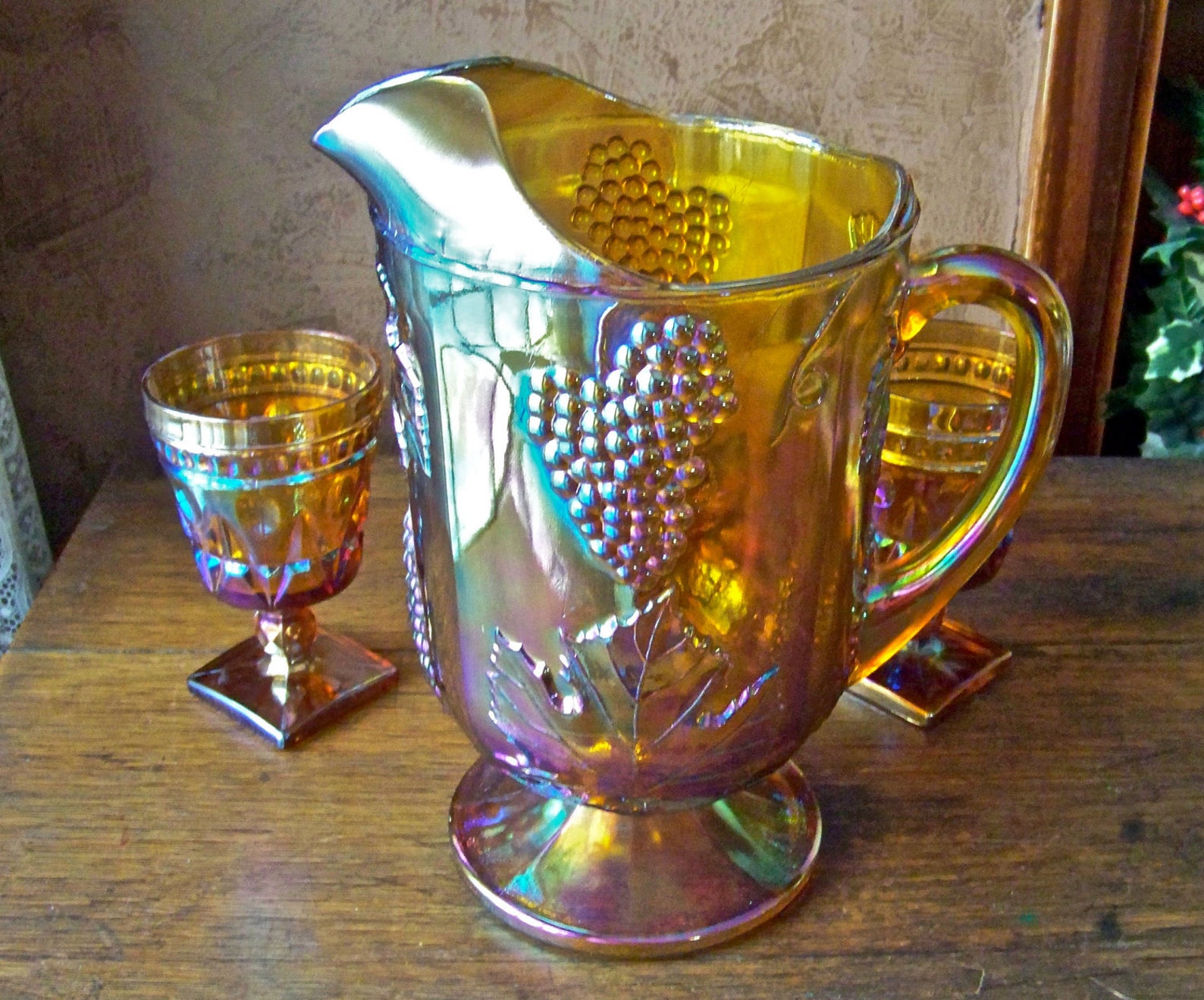 Vintage Gold Carnival Glass Pitcher Goblets Fall Harvest Etsy