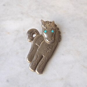 Vintage Pewter Pony Brooch Turquoise Eyes