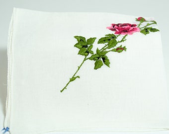 Embroidered Pink Rose Stem Handkerchief Wedding Hankie Something Old