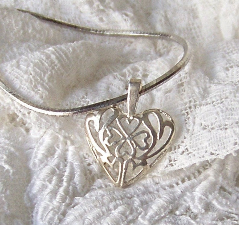 Vintage Sterling Silver Necklace Four Leaf Clover Heart Pendant Lucky Jewelry