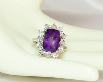 Vintage Amethyst And Diamonds Sterling Ring Size US 9 1/2