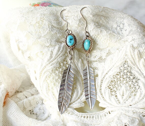 Vintage Dangle Feather Earrings With Pendant Turq… - image 3