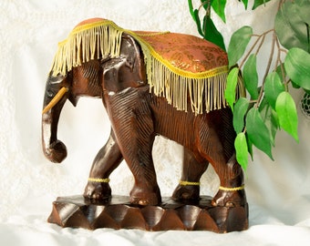 Large Wood Elephant With Woven Silk Fringed Blanket