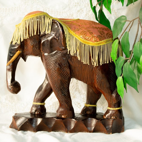 Large Wood Elephant With Woven shops Silk Fringed Blanket