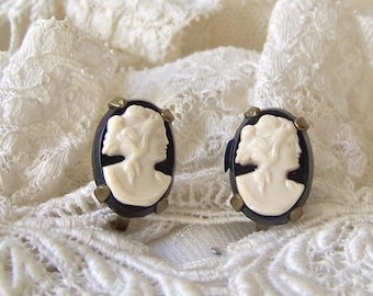 Vintage Celluloid Cameo Earrings Screw Back