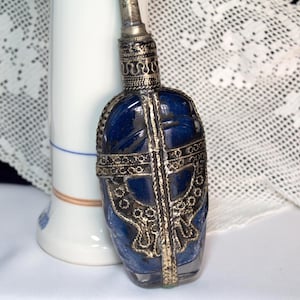 Vintage Moroccan Perfume Bottle Embossed Metal Overlay