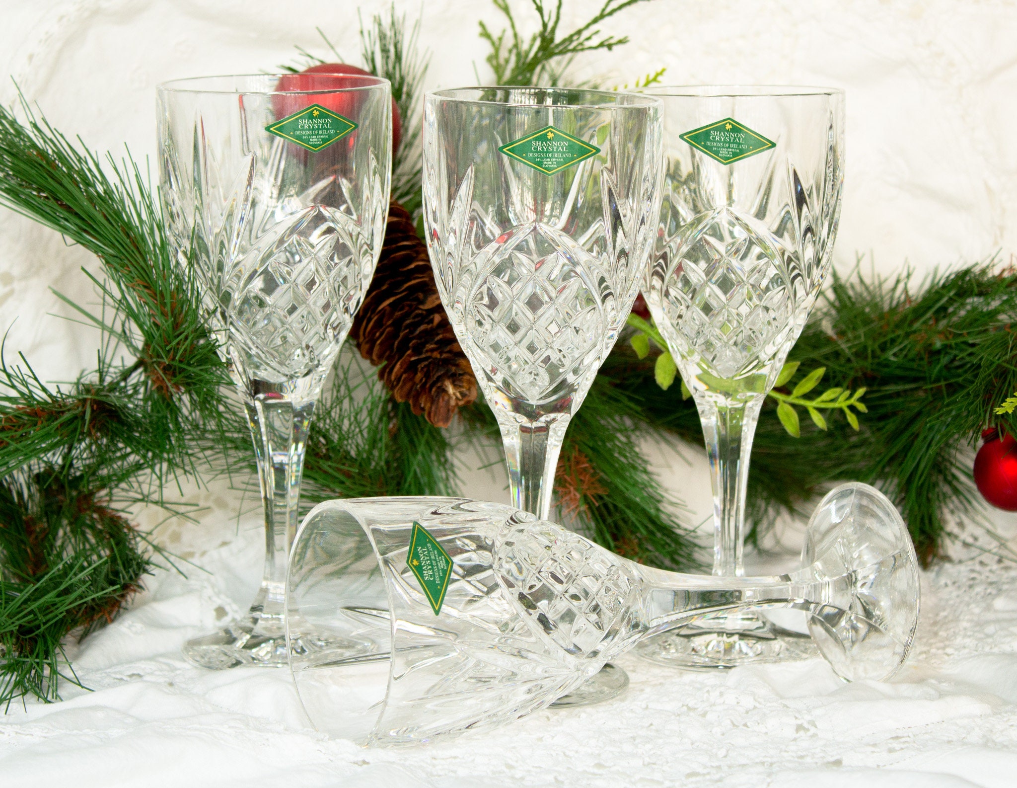 Set of 4 crystal water goblet stemware by designer Shannon Crystal.