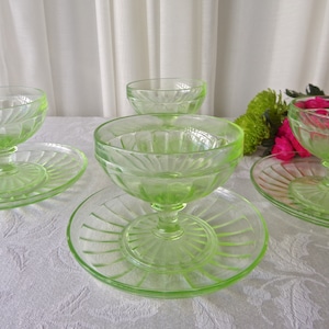 Vintage Vaseline Glass Dessert Cups and Saucers