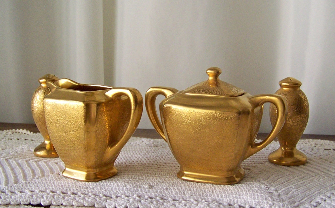 Vintage Gold Cream Sugar Set 22K Gold Wheeling Decorating Co Etsy