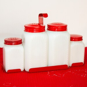 Vintage Milk Glass Spice Jar Set Red Metal Lids and Rack 1940s