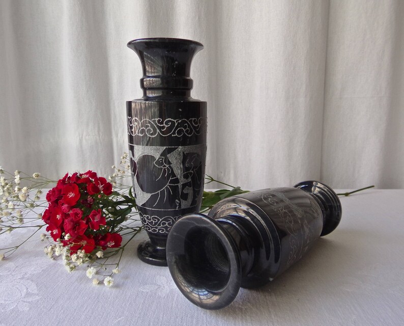 Vintage Black Onyx Vase Set Chariot Scene Etched in Stone Etsy