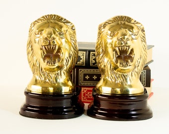 Brass Lion Bookends Library Book Holders 1980s