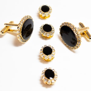 Vintage Cufflinks Stud Set Black Agate Rhinestone Border