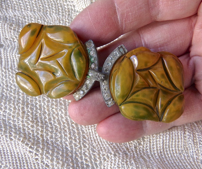 Vintage Bakelite Buckle Chunky Muddy Green Rhinestone Clasp