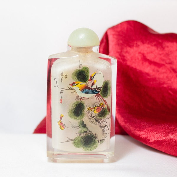 Snuff Bottle With Spoon Reverse Painted Birds Trees and Flowers