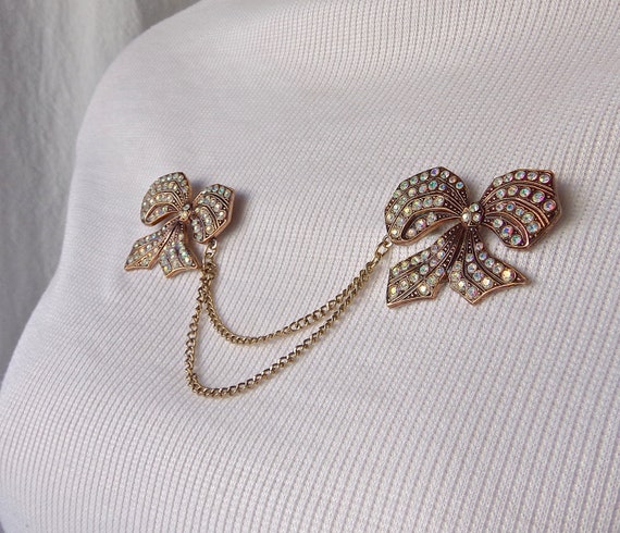 Rhinestone Bow Sweater Pins With Chain Mid Century - image 2