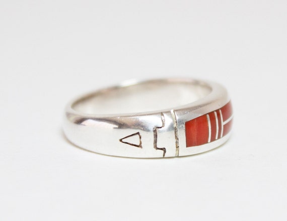 Sterling Coral Inlay Ring Circa 1980s - image 5