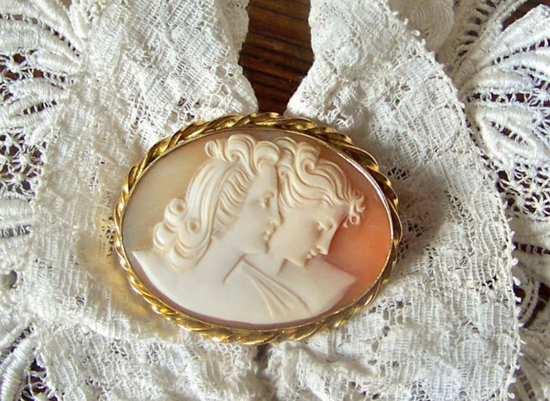 Vintage Sisters Cameo Brooch 12K Gold Filled Signed