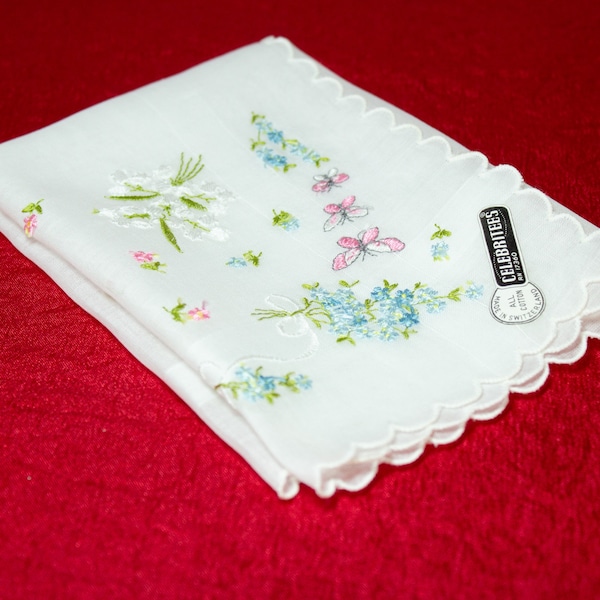 Embroidered Handkerchief Pink Butterfly Floral Hanky Celebritees