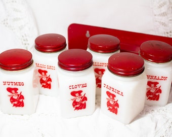 Milk Glass Spice Jar Set Musketeer Stencils Plus Red Metal Stand 1940s