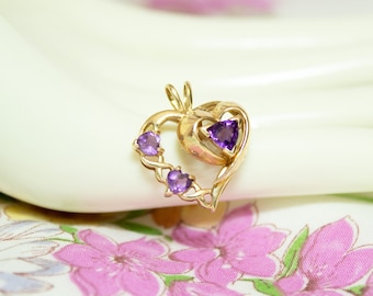 10K Gold Heart Pendant Amethyst Gemstones Vintage Jewelry