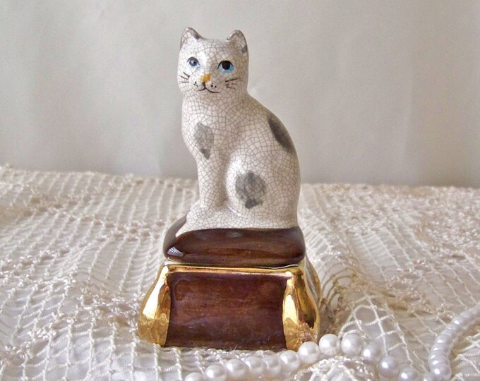 Vintage Porcelain Cat Trinket Box Chocolate Brown Base Jewelry Etsy