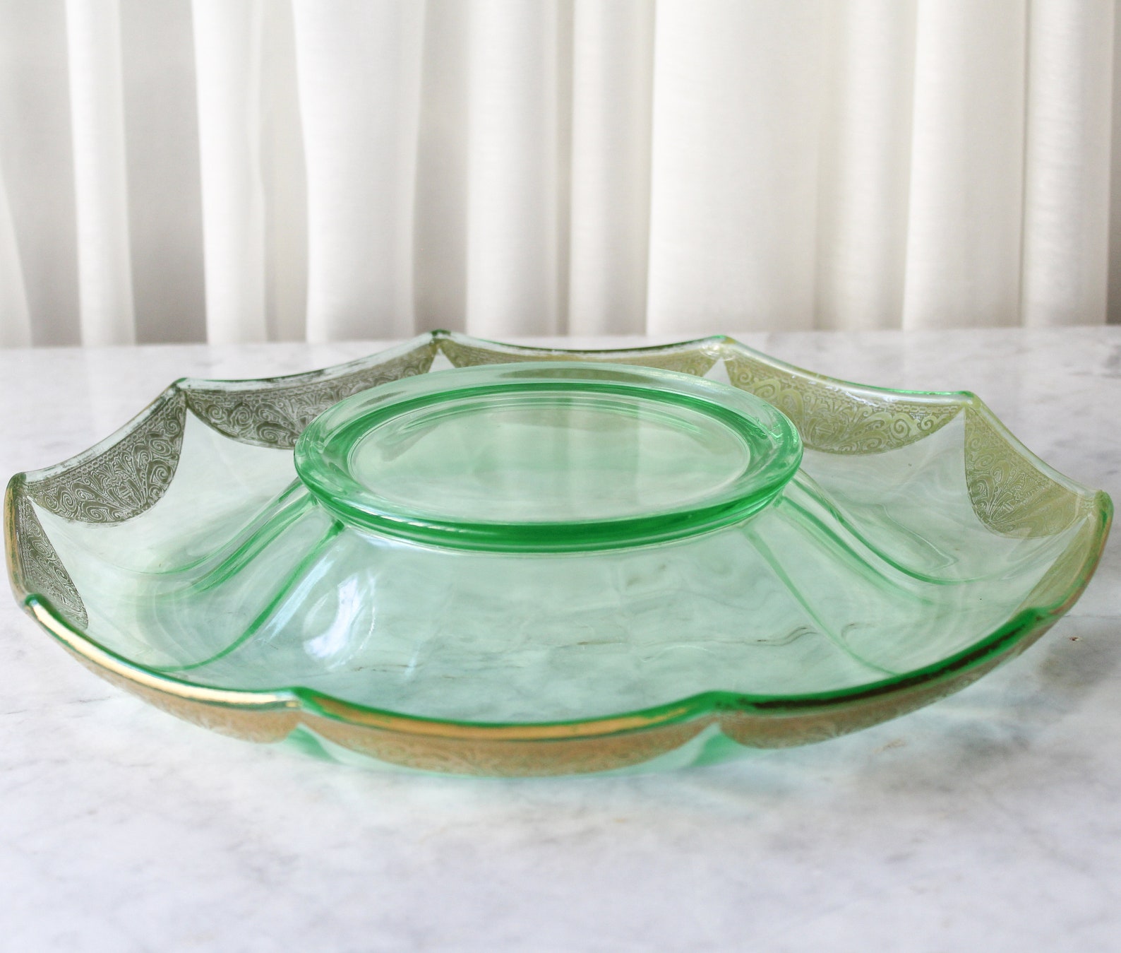 Vintage Console Bowl Vaseline Glass Rolled Rim Gold Overlay Etsy