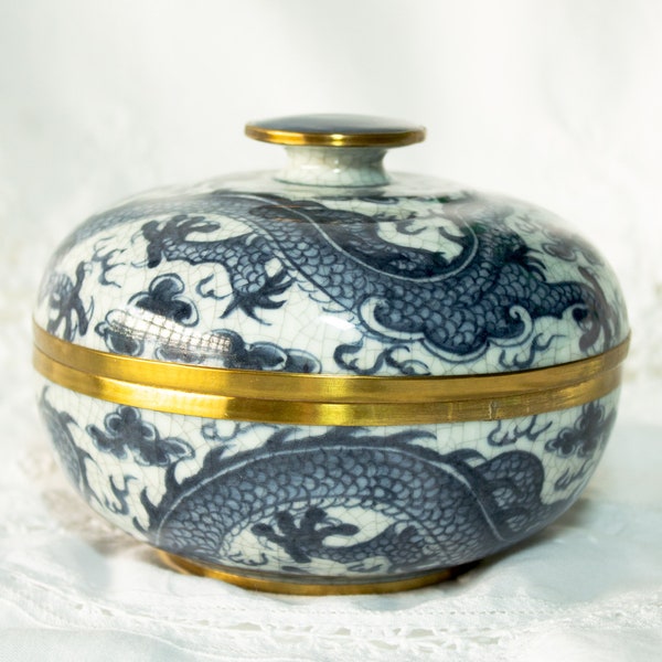 Trinket Box Jewelry Box Dragon In Cobalt Blue Crackle Glaze Finish Circa 1970s