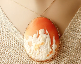 Cameo Brooch Pendant Necklace Angels 10K Gold Fine Jewelry