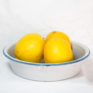 Vintage White Enamelware Bowl Turquoise Trim Rustic Kitchen