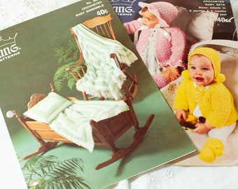 Crochet Patterns Baby Sets Bassinet Cover Jacket Bonnet Bootees King Vintage 1980s