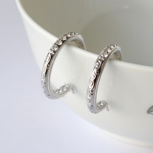 Vintage Sterling Hoop Earrings With Cubic Zirconia Gems