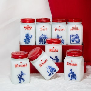 Vintage Milk Glass Spice Jar Set With Metal Rack 1940s