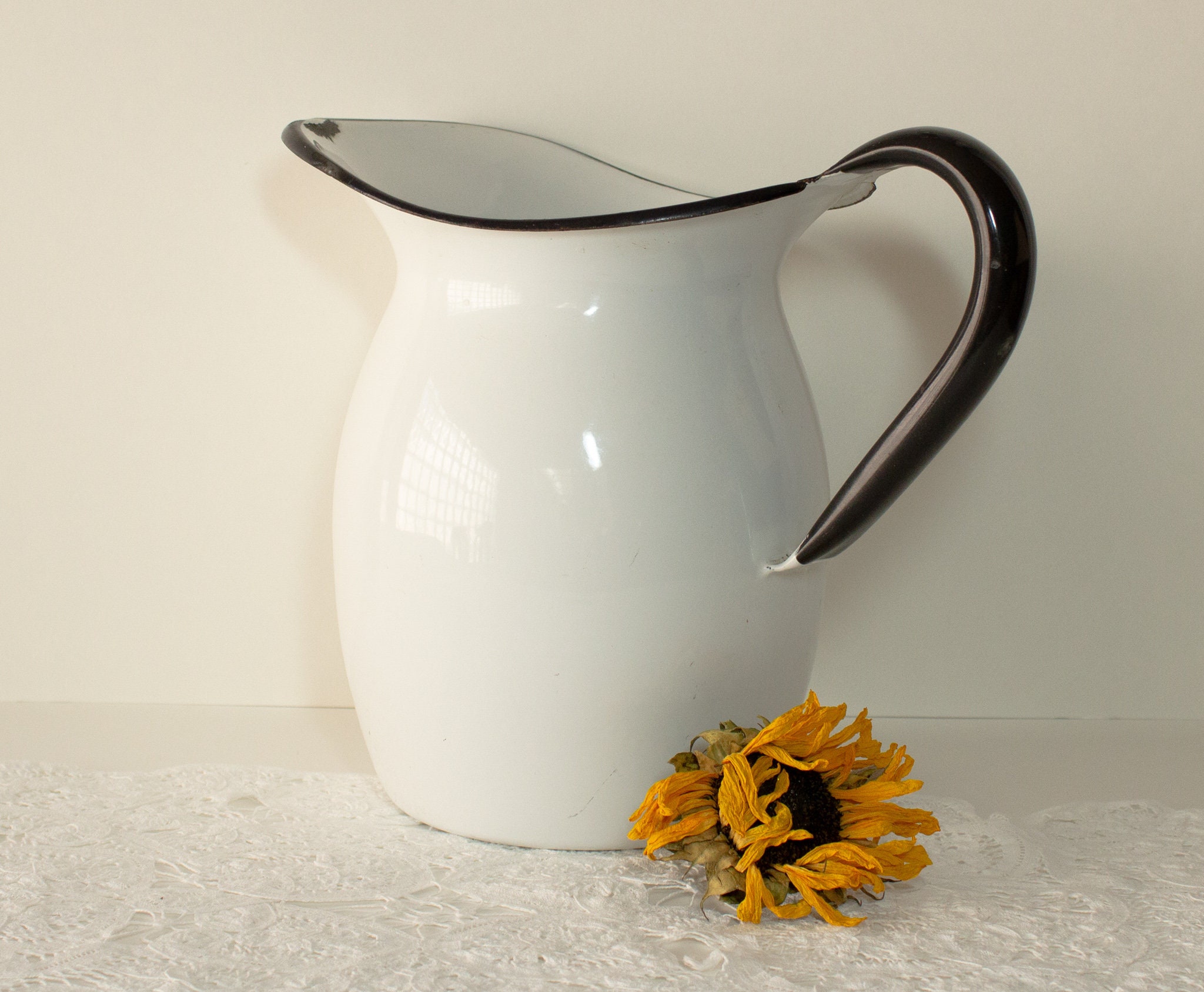 Vintage Handblown Glass Water Pitcher with White Flowers circa 1970s-1980s