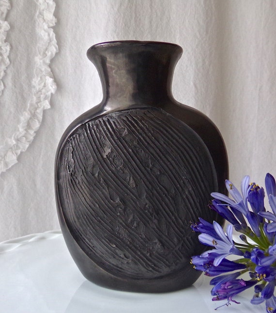Vintage Black Clay Pottery Vase Signed Dona Rosa Mexico Etsy