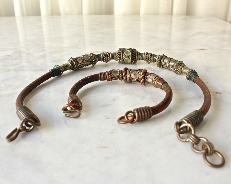 Vintage Leather Necklace and Bracelet Tribal Jewelry Boho Hippie 1970s