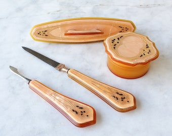 Celluloid Manicure Set Peach Color Mid Century Decor