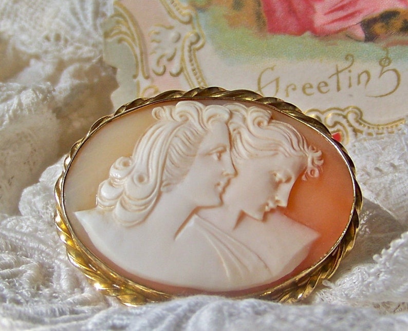 Vintage Sisters Cameo Brooch 12K Gold Filled Signed