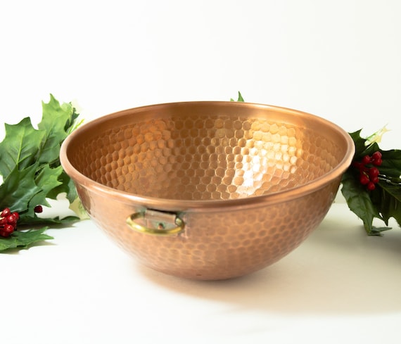 Hammered Copper Mixing Bowl Heavy Duty Brass Ring to Hang Kitchen