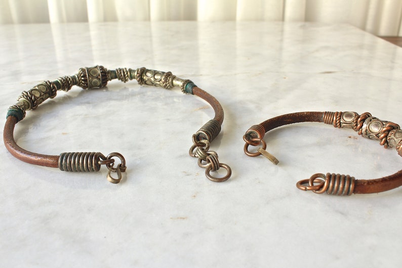 Vintage Leather Necklace and Bracelet Tribal Jewelry Boho Hippie 1970s