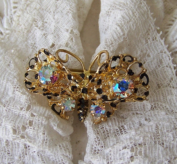Austrian Crystal Butterfly Brooch Signed Vintage … - image 1
