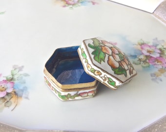 Vintage Hexagon Trinket Box with Blue Enamel Interior