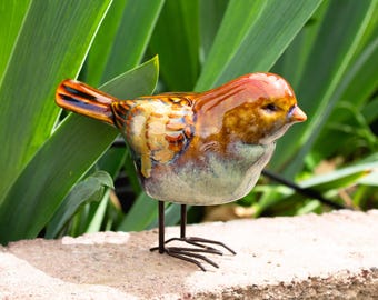 Vintage Stoneware Bird Figurine, Metal Feet, Detailed Feathers