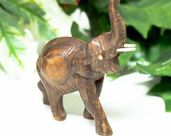 Vintage Miniature Wood Elephant Figurine Trunk Up