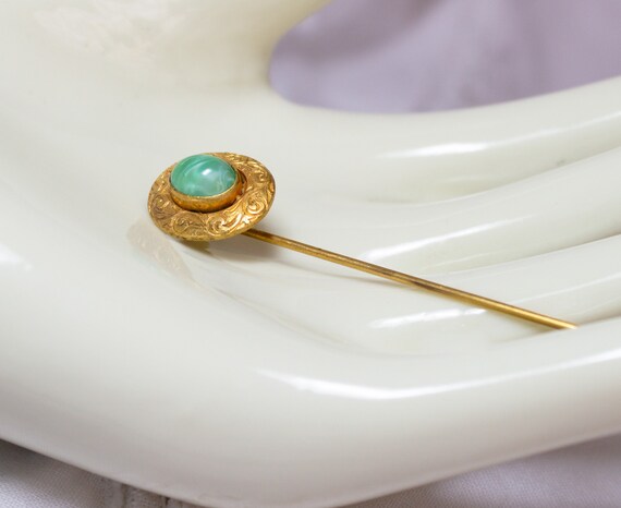 Stickpin Green Glass Gold Plated Vintage Fashion … - image 2
