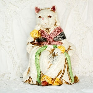 Vintage Cat Figurine In A Victorian Outfit Crackle Finish 1970s