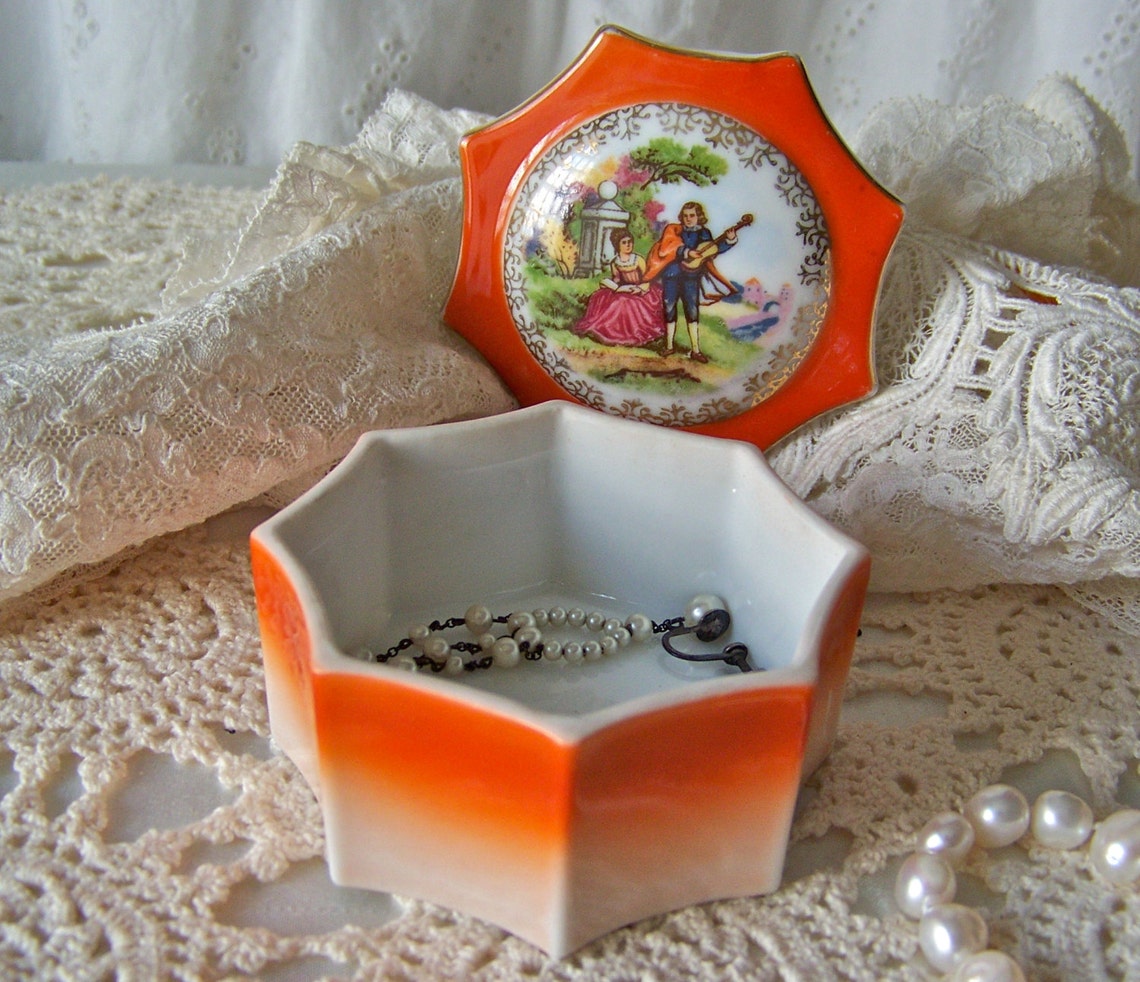 Porcelain Jewelry Trinket Box Bright Orange Etsy