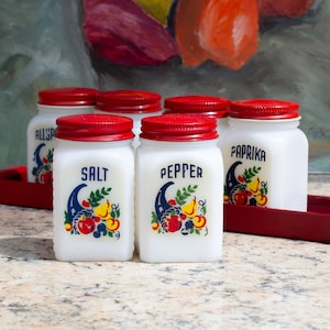 Vintage Milk Glass Spice Jars With Red Metal Stand 1940s